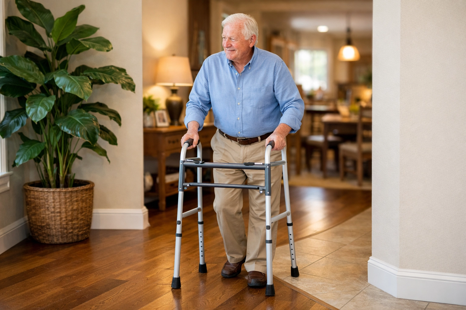 Senior man maintaining correct posture while turning safely with a walker in a home setting.