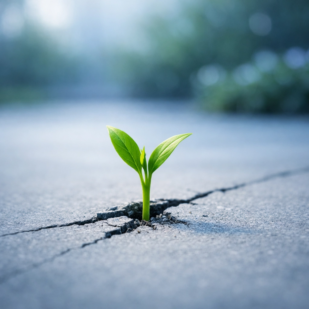 Green plant growing through a concrete crack symbolizing eudaimonic choices and resilience.