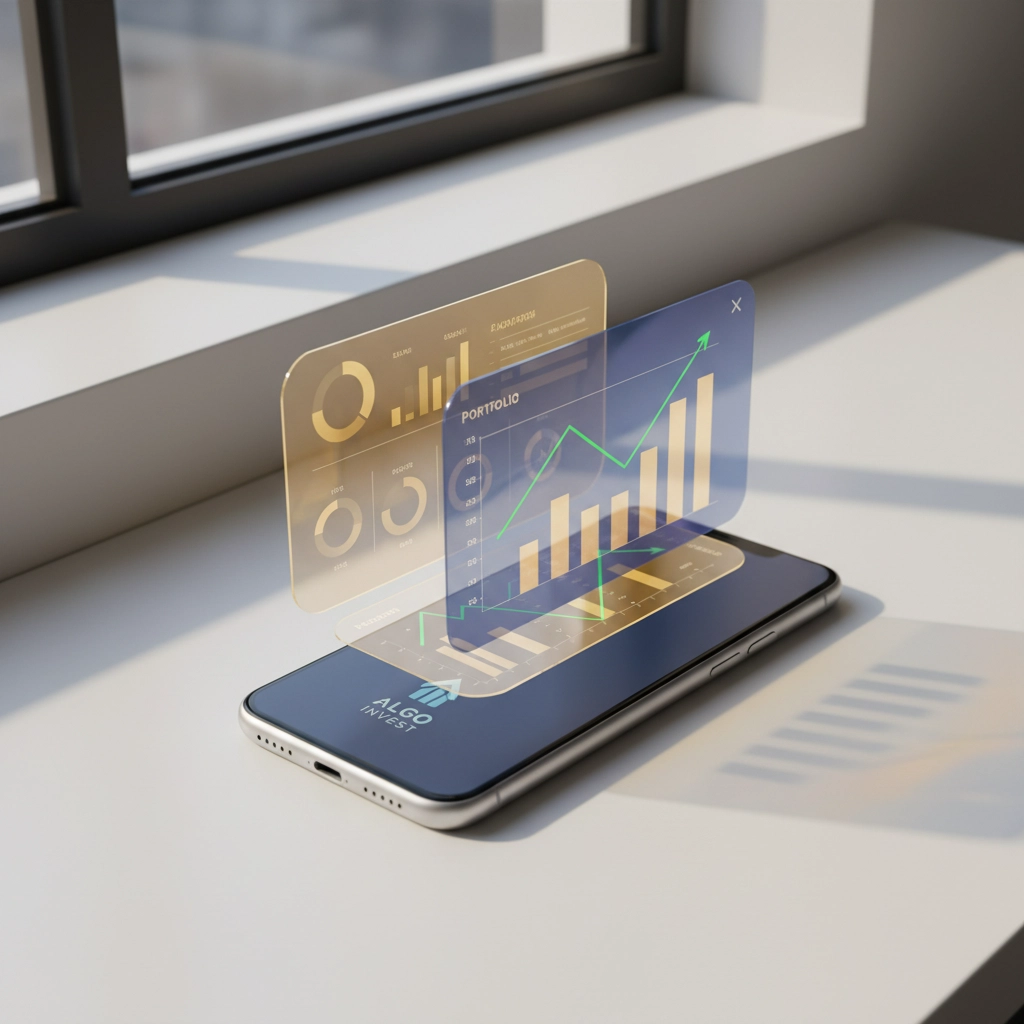 Smartphone on a windowsill displaying holographic financial charts. Bright graphs show upward trends. Mood is innovative and tech-forward.