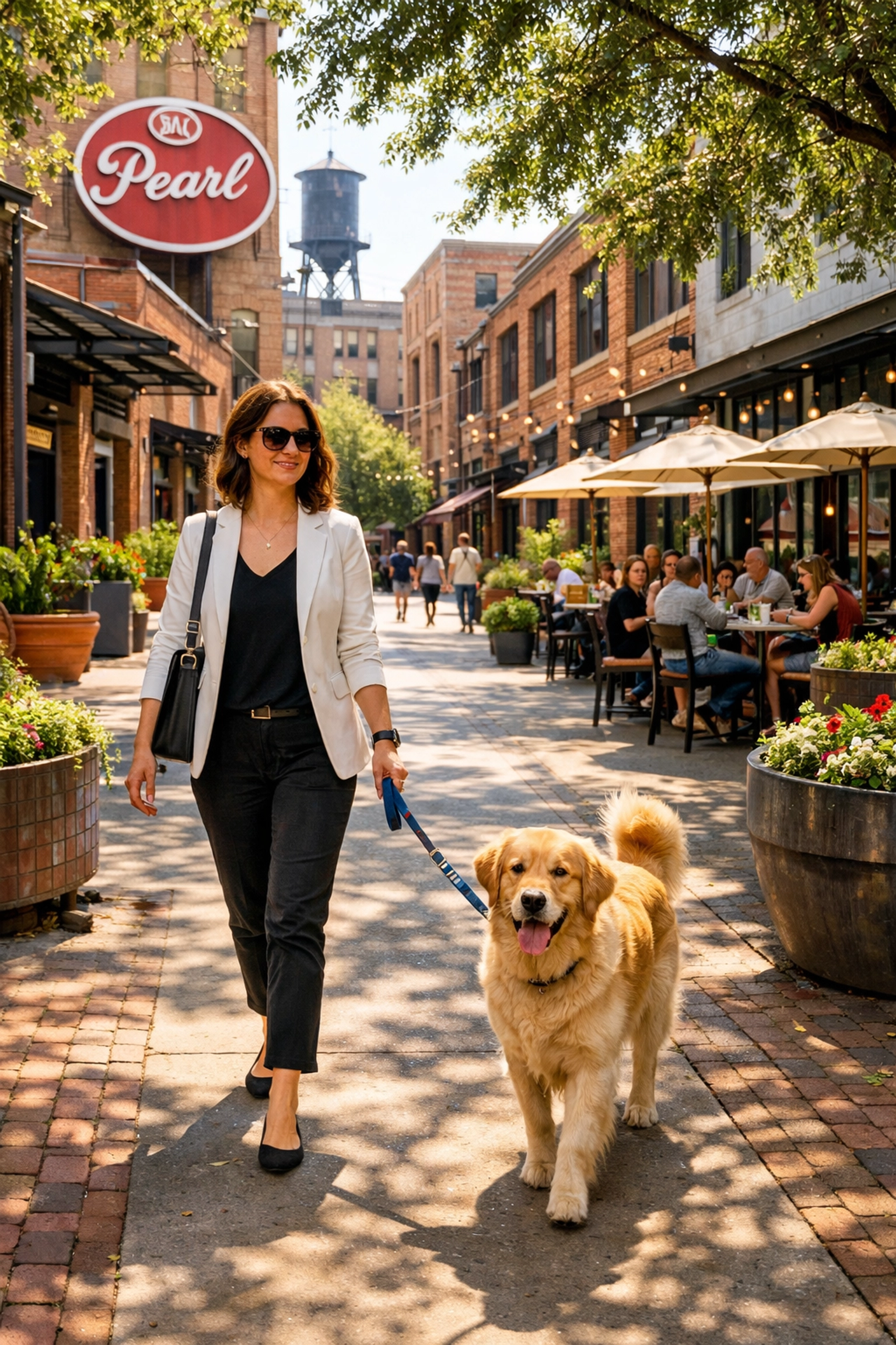 Trendy Pearl District street scene showing walkable urban living in San Antonio, TX.