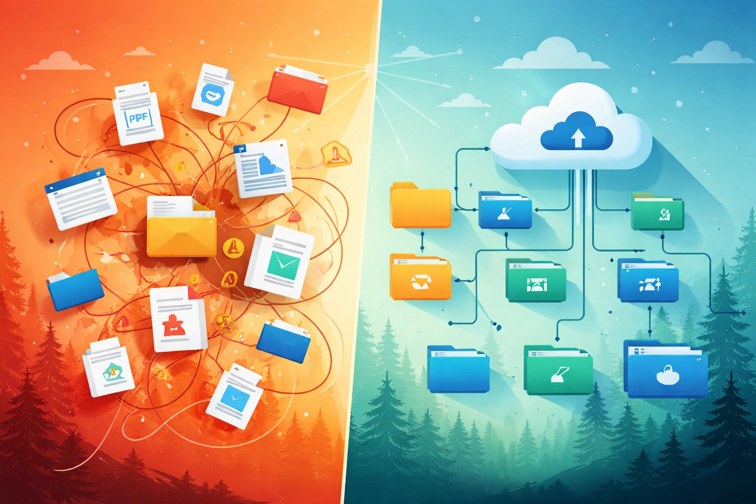 Illustration comparing chaotic vs organized file storage for Microsoft 365 users in Northern Michigan