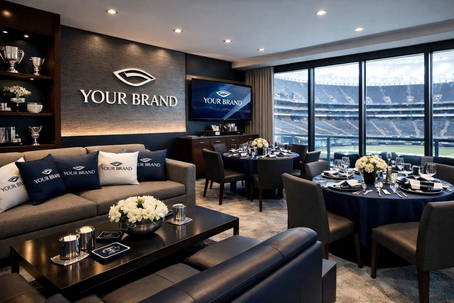 Branded corporate hospitality suite with premium amenities for Super Bowl executive entertainment