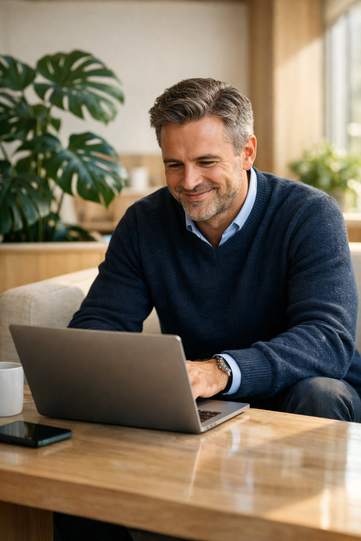 An IT leader reviewing a ServiceNow ROI report on a laptop in a modern, optimized business office.