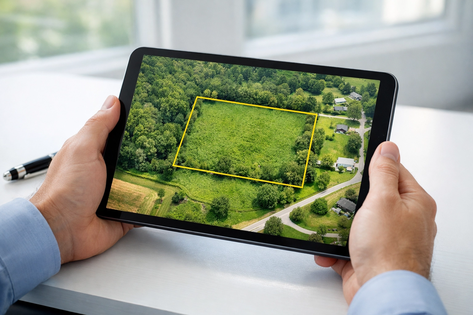 Digital map of vacant land on a tablet representing professional property verification.