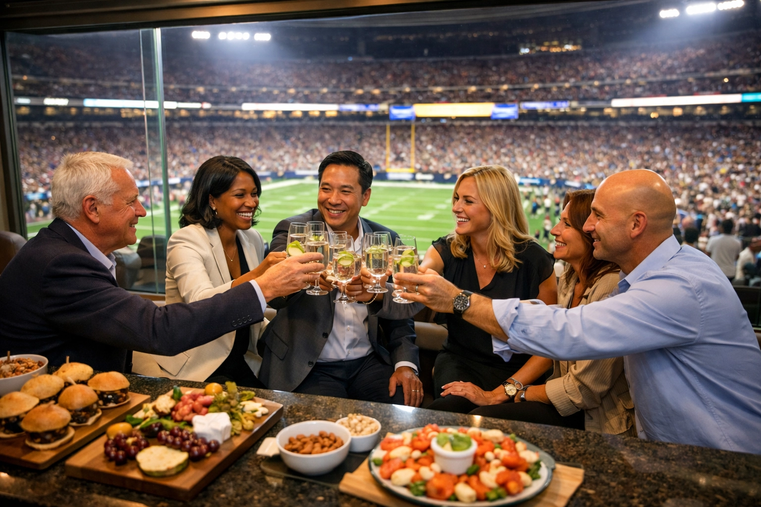 Business leaders networking in a luxury stadium suite during a Super Bowl corporate hospitality event.