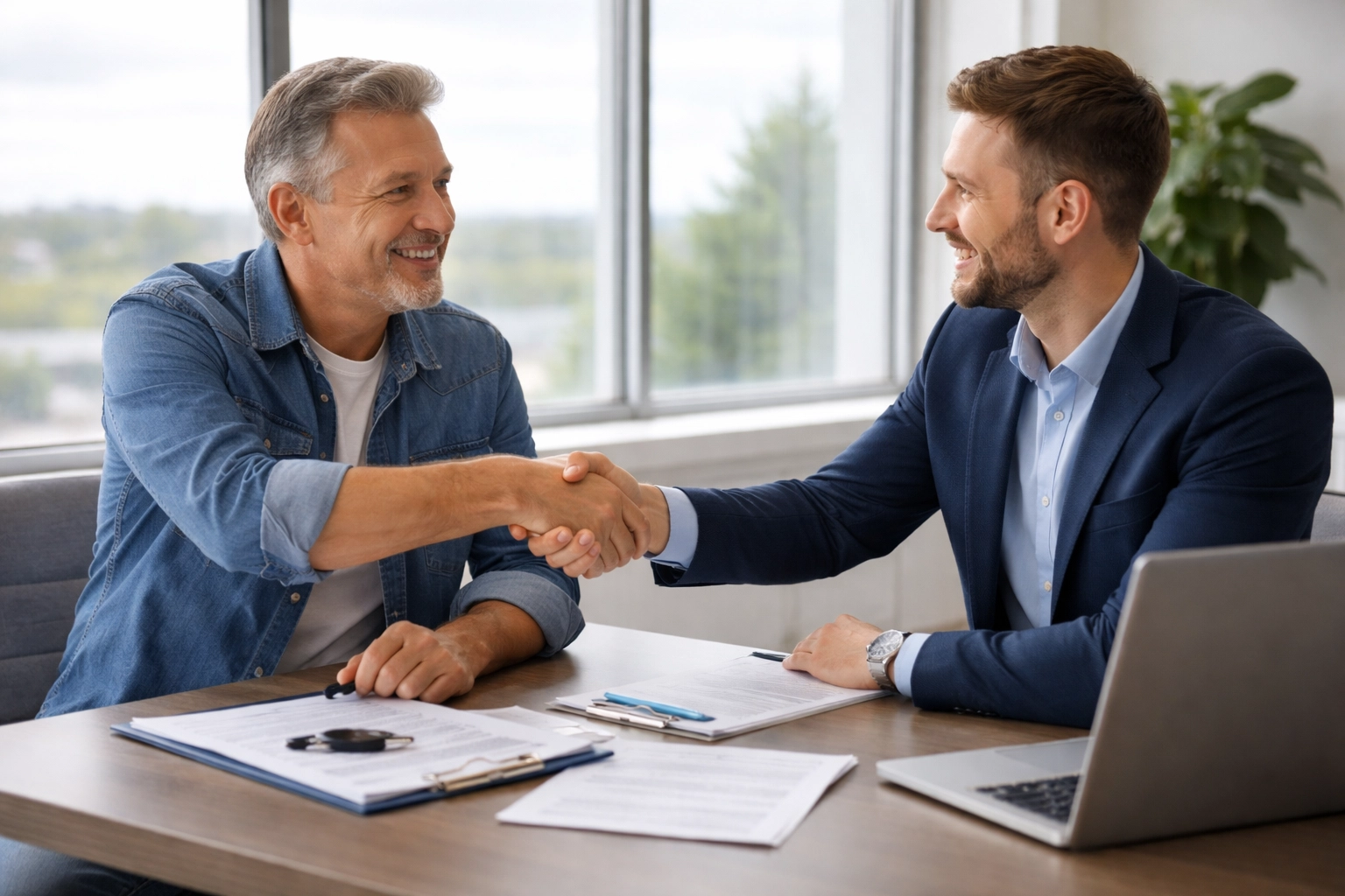 Ohio driver shaking hands with insurance agent in office, highlighting partnership in lowering auto insurance rates