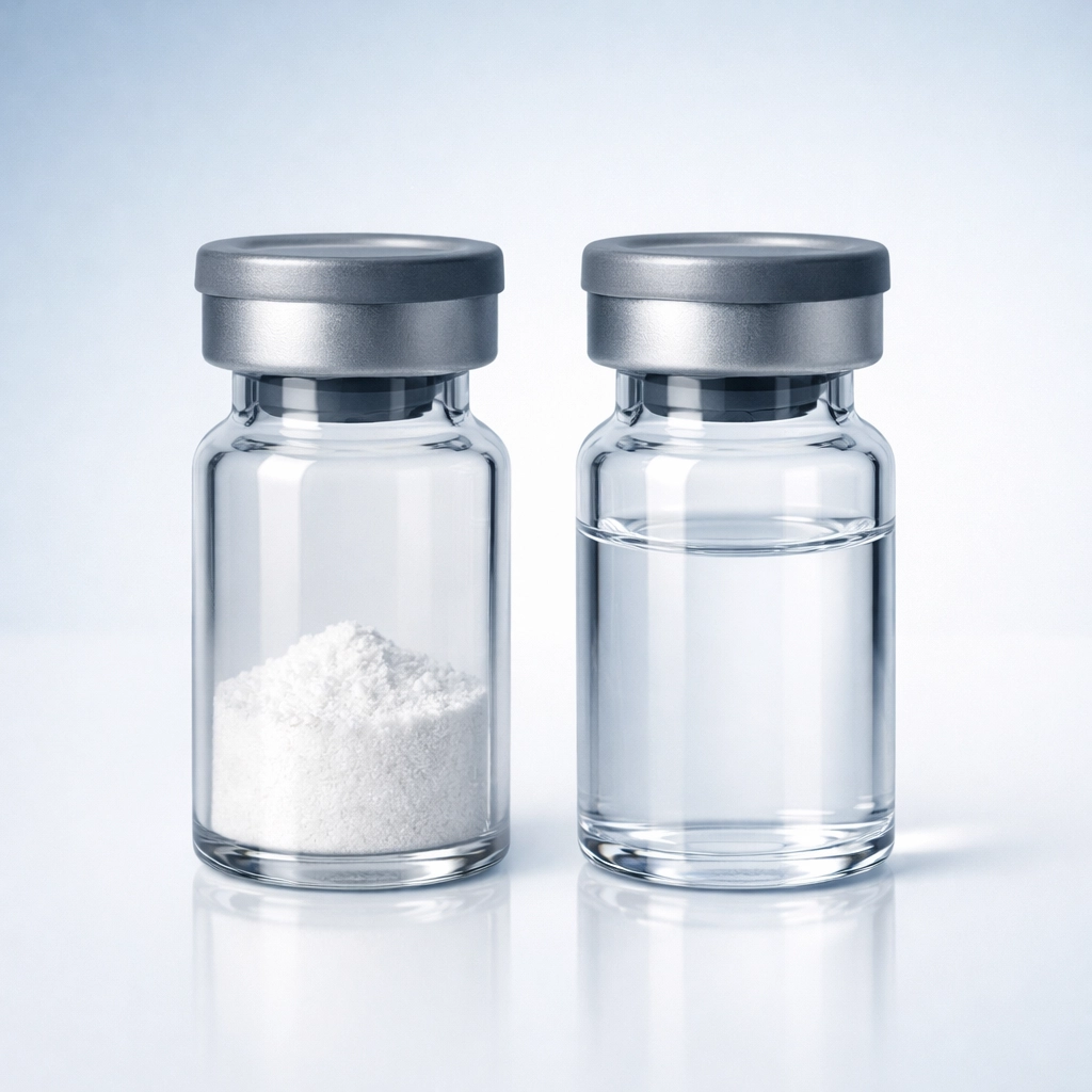 Comparison of dry powder and clear liquid after following a reconstitution calculator peptide protocol.