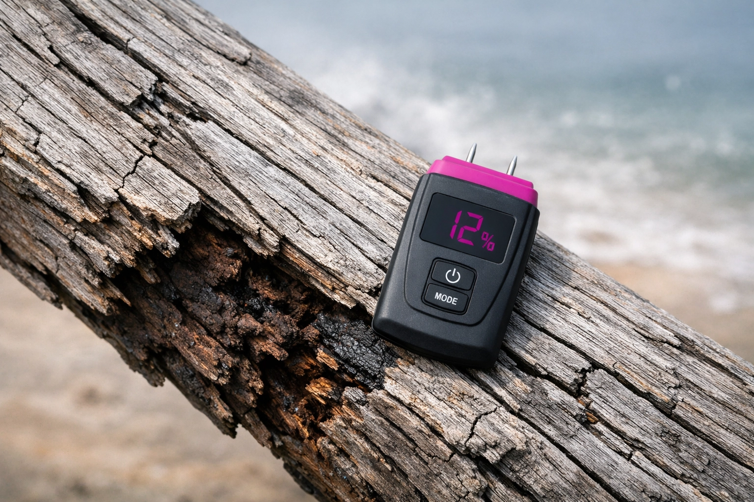 Weathered and rotting Australian hardwood plank showing structural cracks on a coastal boardwalk.