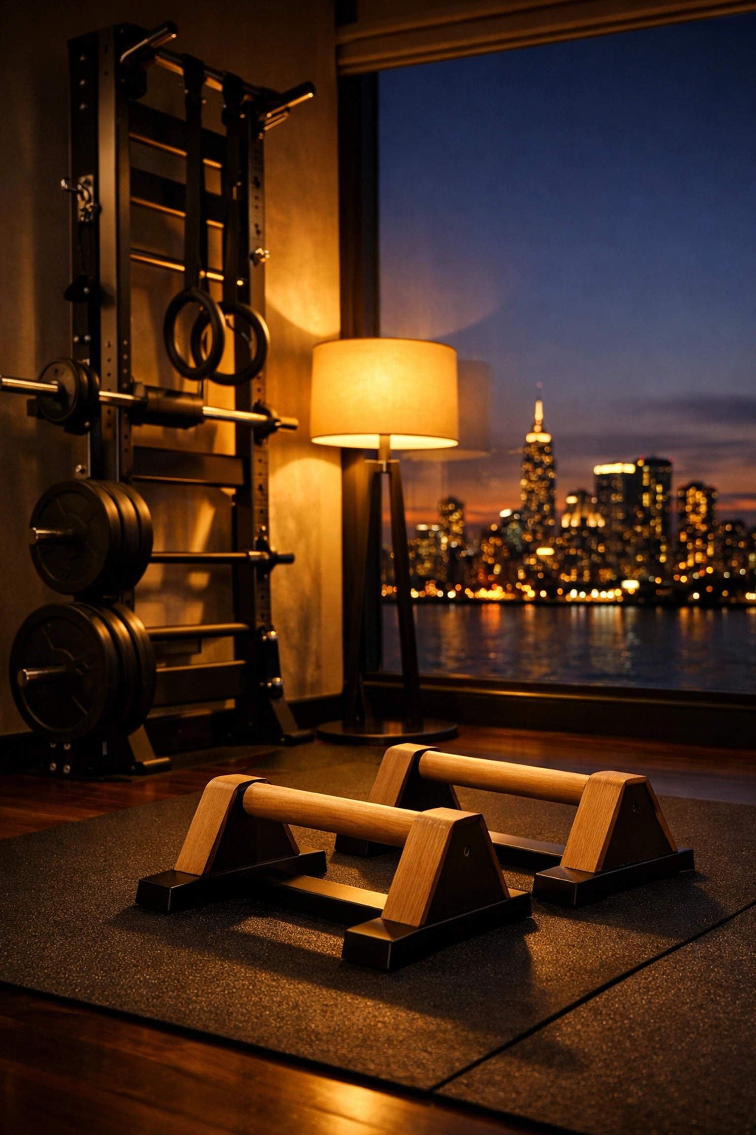 A premium no wall damage workout system with parallettes in a modern home gym overlooking a city.