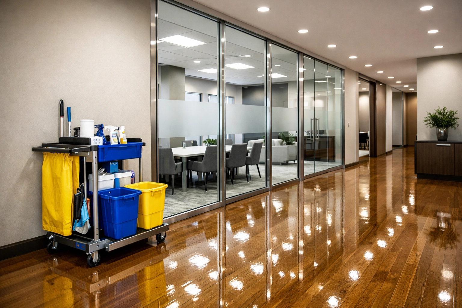 Professional cleaners performing commercial cleaning on polished floors in a modern Needham MA office.