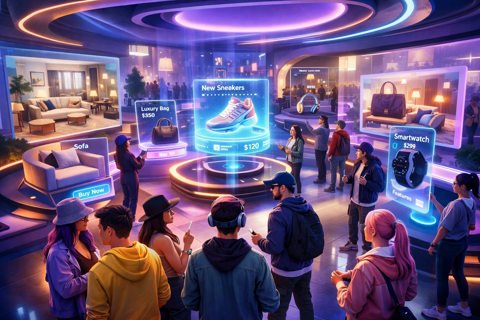 Social shopping in Larecoin B2B2C metaverse with multiple avatars browsing virtual product showroom