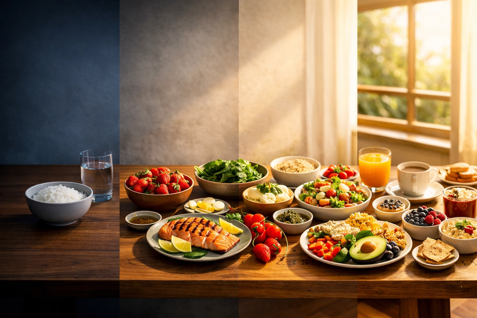 Transition from restrictive elimination phase to a diverse variety of low-FODMAP foods on a dining table.