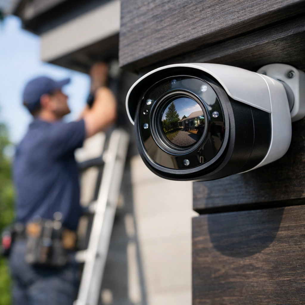 Modern outdoor security camera professionally installed to protect a home in the Lewiston-Clarkston area.