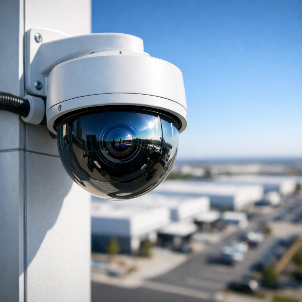 Advanced CCTV security camera monitoring a commercial property for risk reduction and safety.