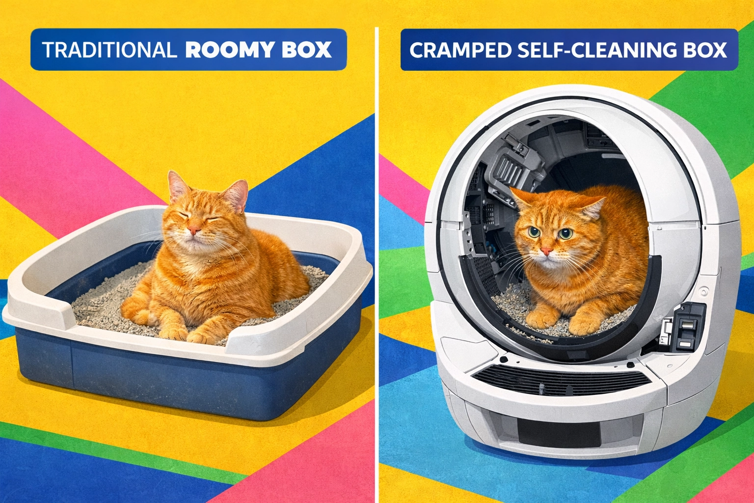 Cat comparing traditional litter box space versus cramped self-cleaning box