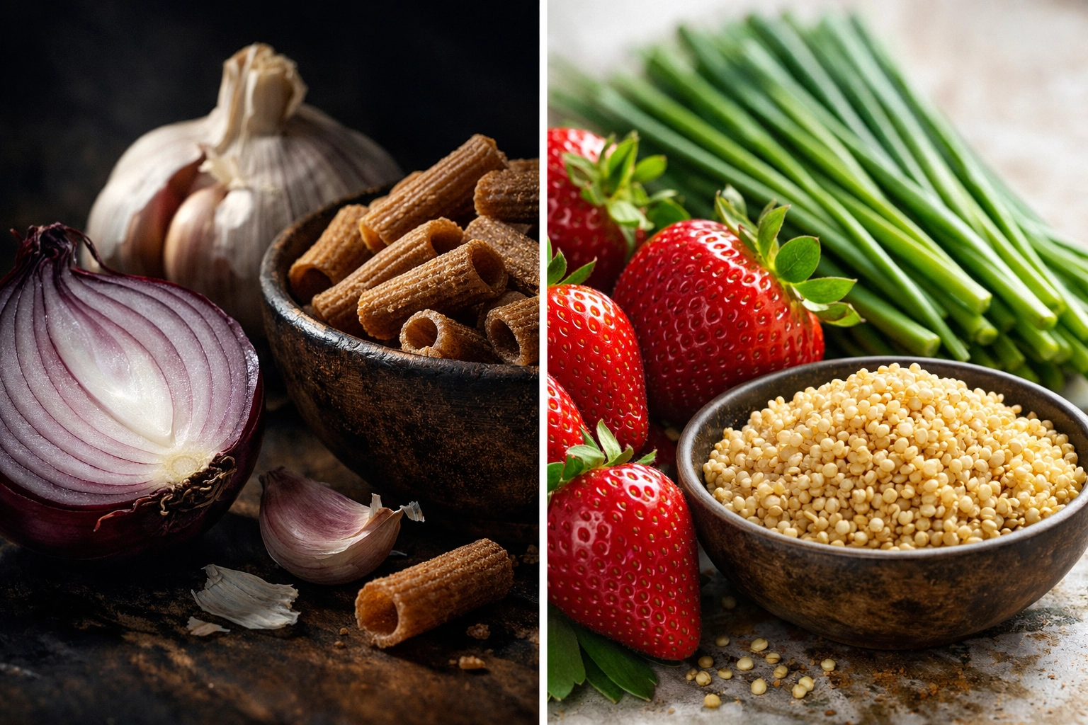 Comparison of high-FODMAP food triggers like garlic versus low-FODMAP alternatives like strawberries and quinoa.