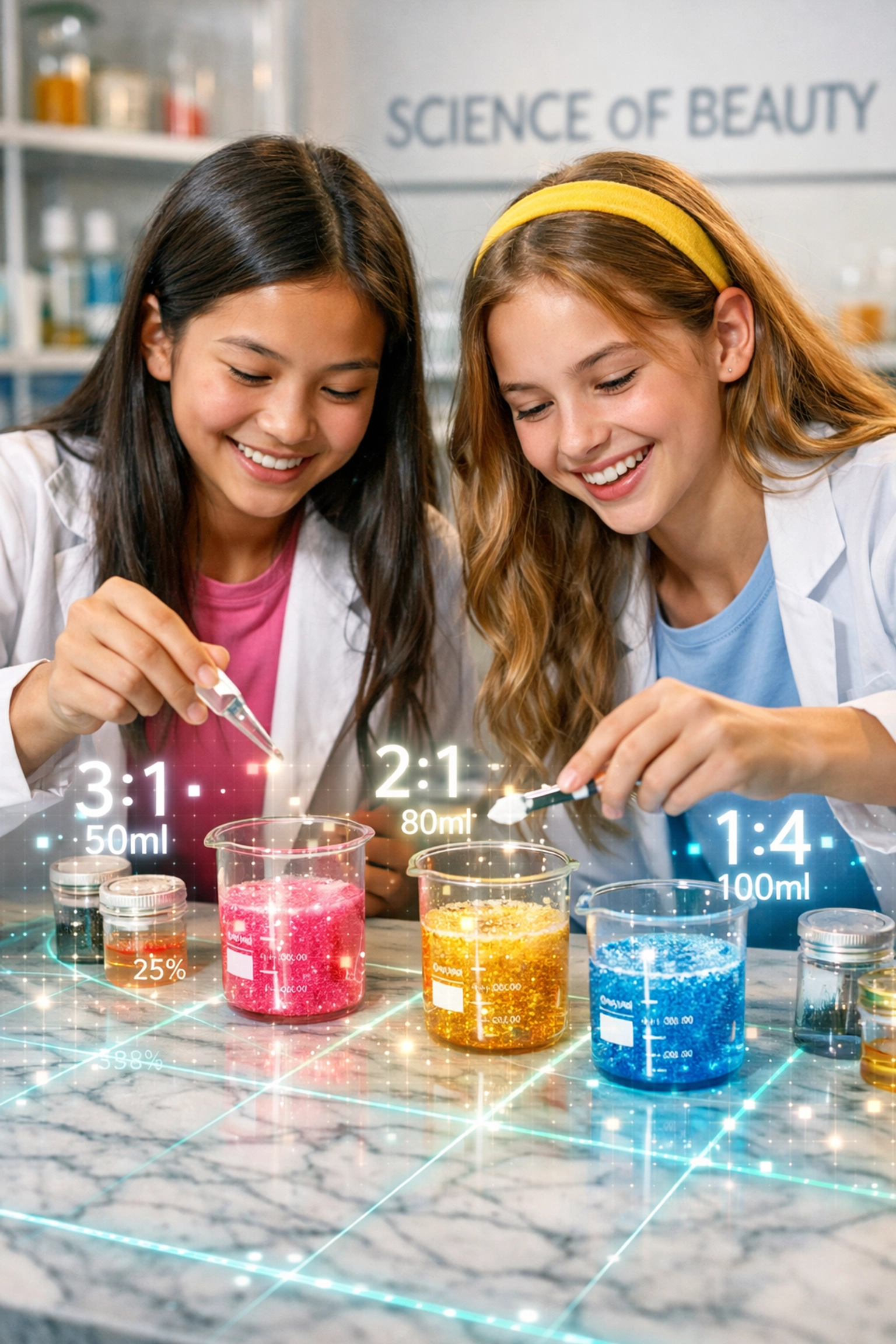 Girls in a Science of Beauty lab applying mathematical ratios, inspired by Dr. Gladys West’s scientific precision.