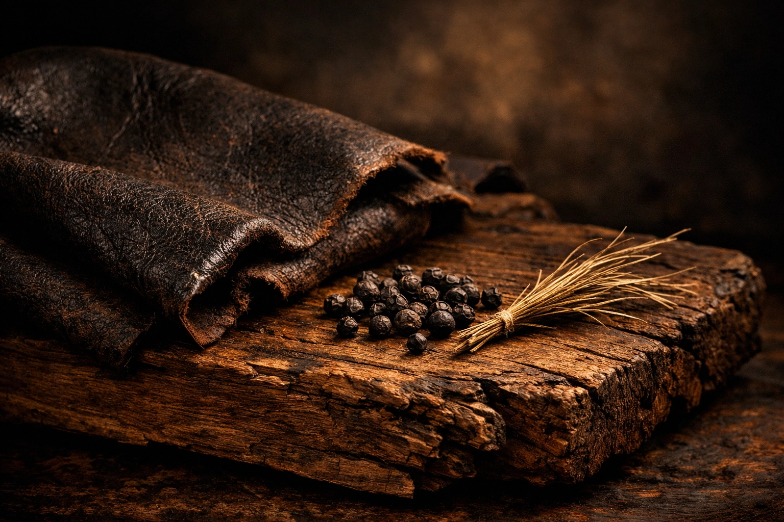 Rugged leather, oak, and peppercorns showcasing the Command and Conquer scent profile.