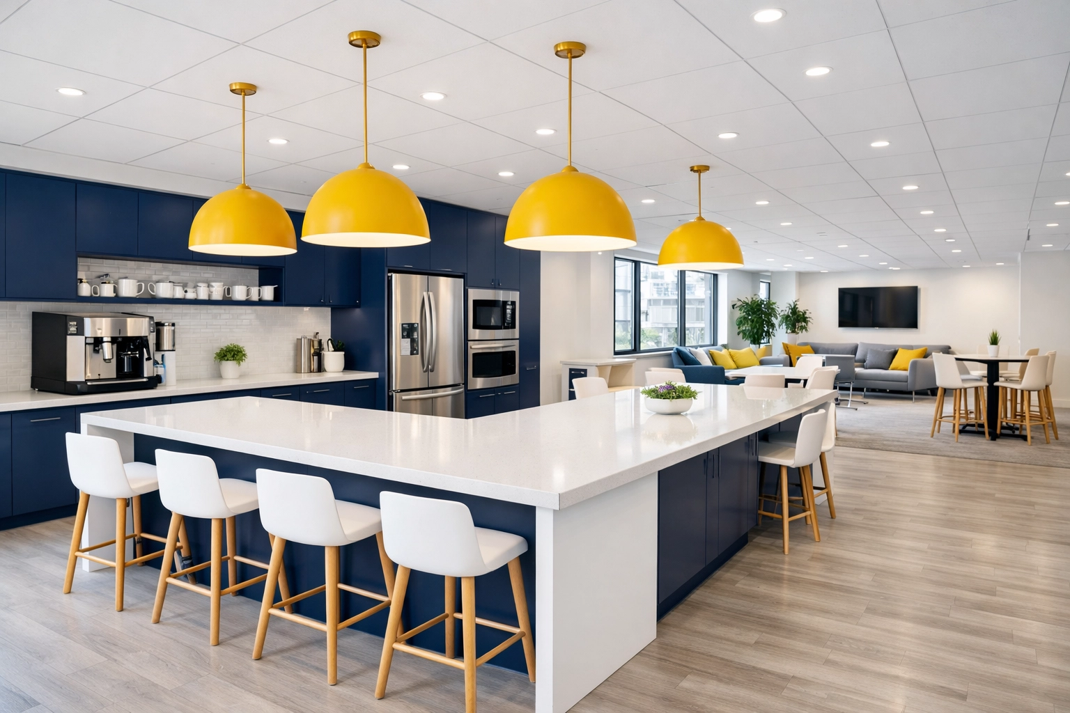 Clean and organized corporate breakroom promoting workplace hygiene in a Malden, MA office.