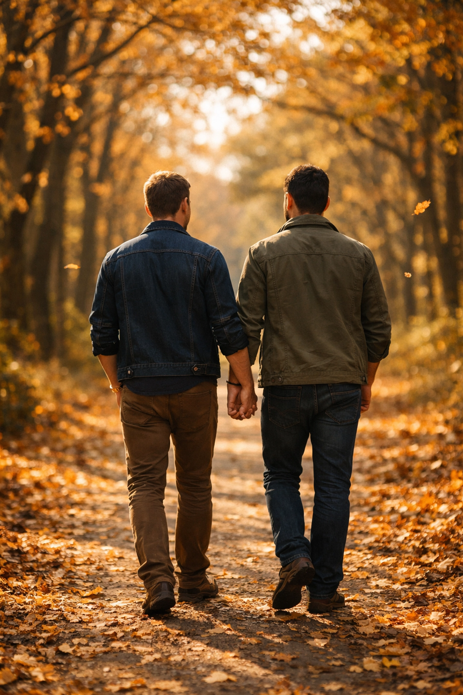 Two men walking hand-in-hand on autumn path showing long-term gay relationship