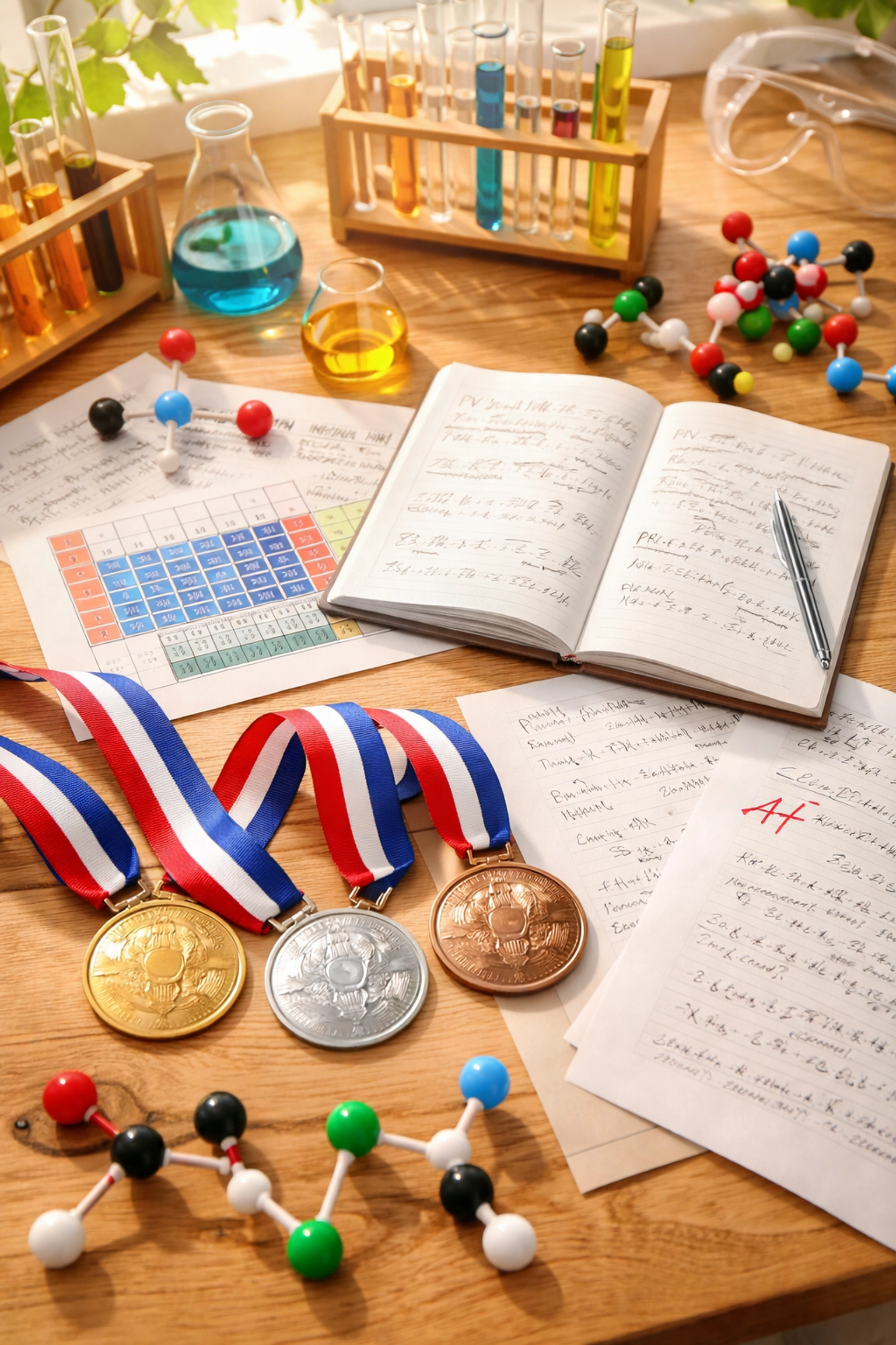 Overhead view of a chemistry Olympiad study desk with medals, past papers, and lab equipment for ambitious students