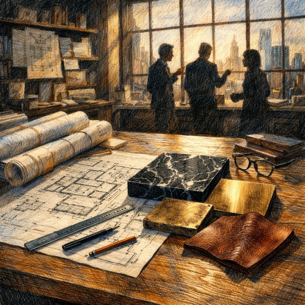 Architectural design studio with blueprints and luxury materials for hospitality projects.