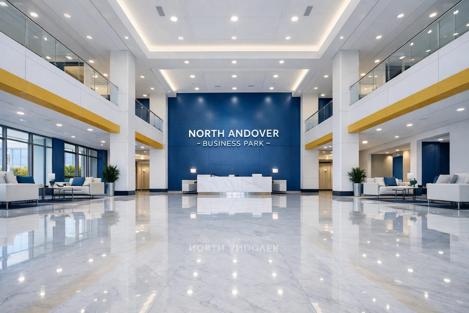 Polished marble floors in a professional North Andover corporate lobby following expert business cleaning.