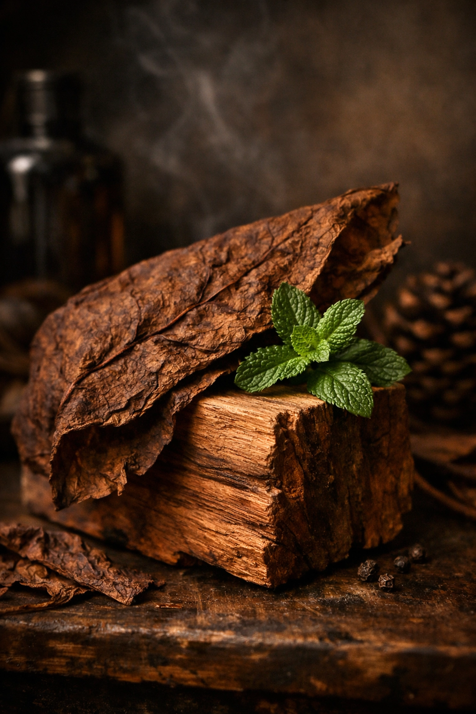 Masculine scent notes of tobacco leaf and cedarwood representing premium beard butter fragrance profiles.