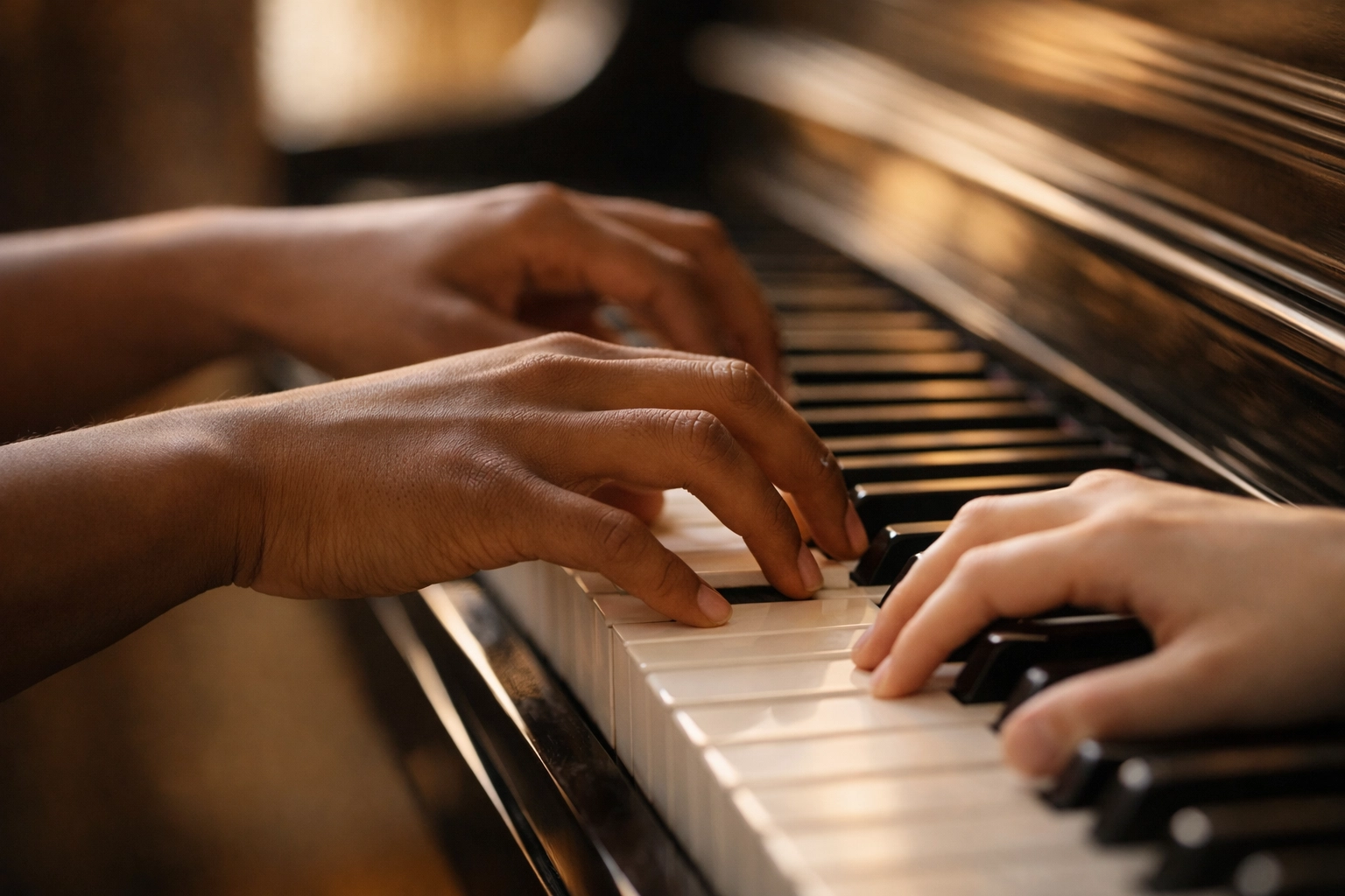 Proper hand position for beginner piano lessons with curved fingers on piano keys