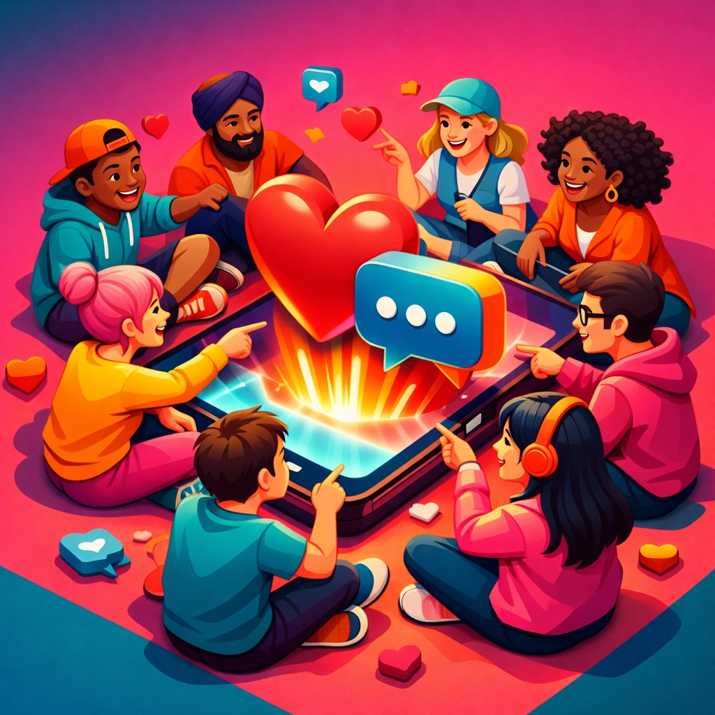Illustration of people interacting around a smartphone representing social media community building.
