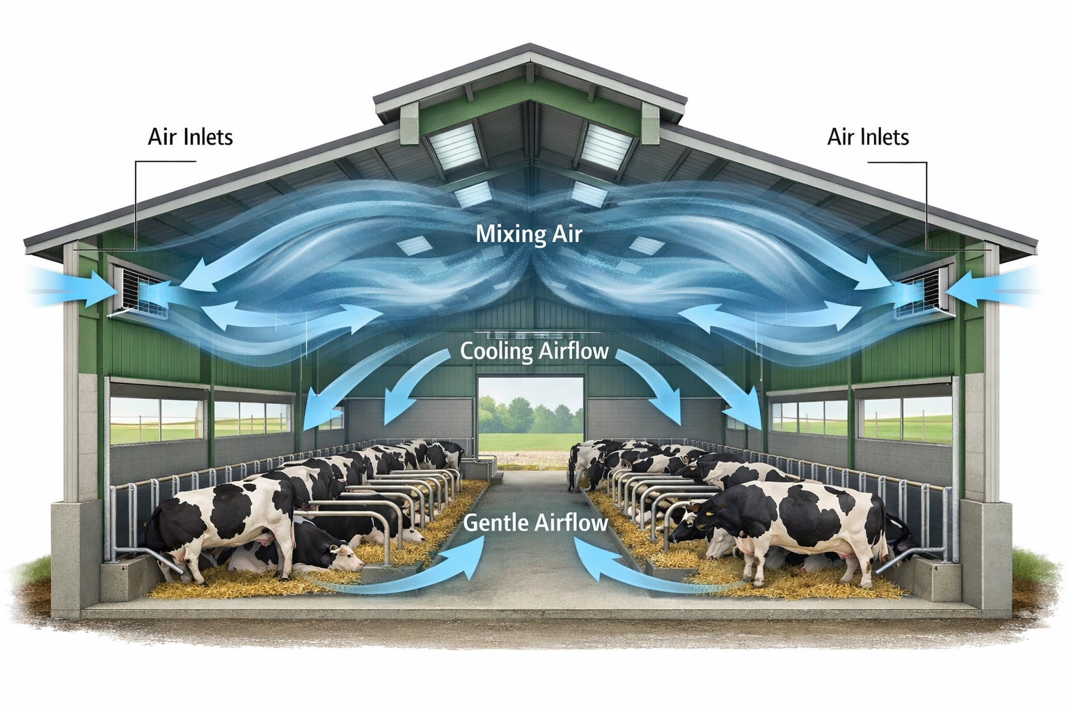 Schéma de circulation d'air dans un bâtiment d'élevage montrant la pression statique et le mélange