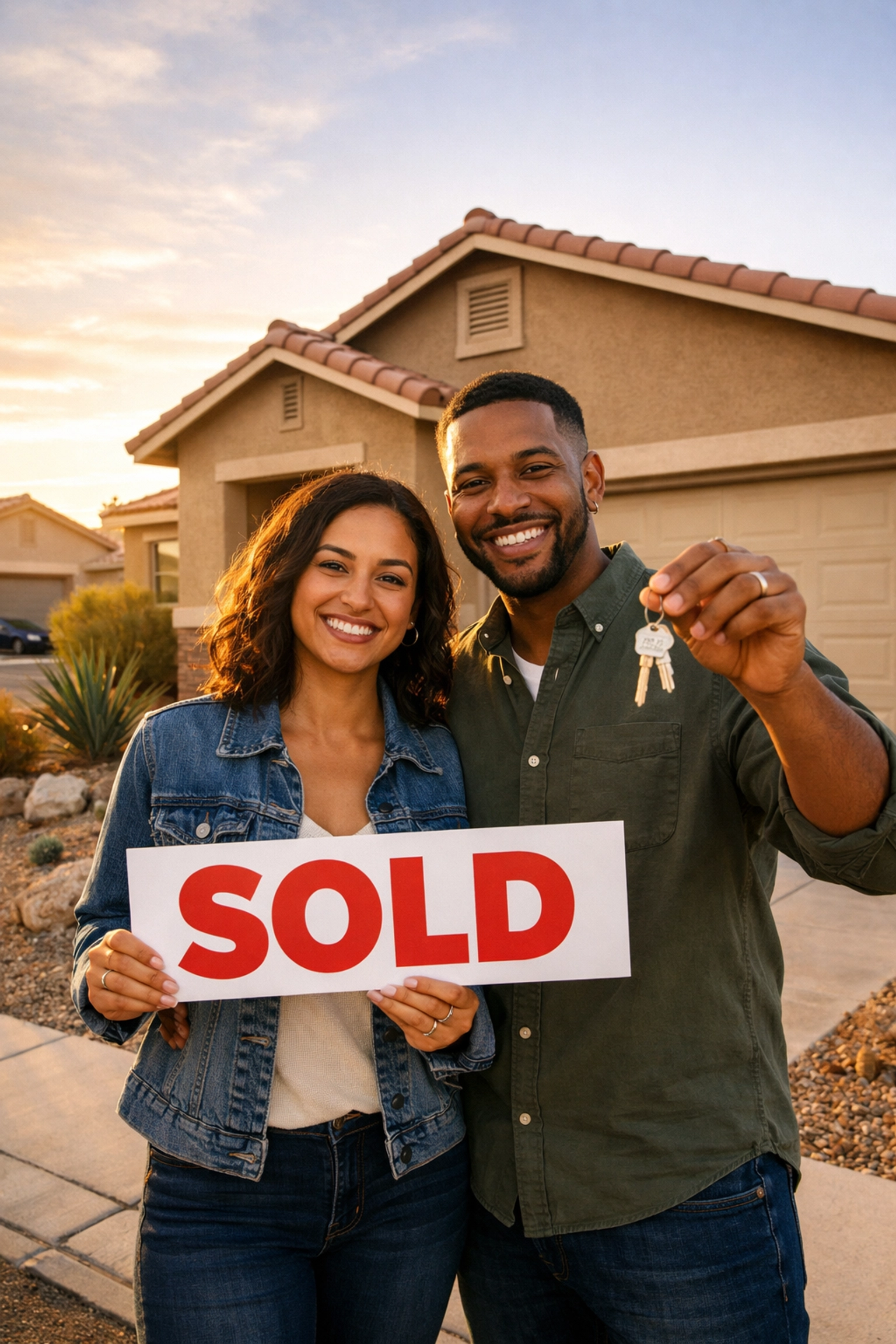 Young couple holding sold sign and keys in front of their new Las Vegas home
