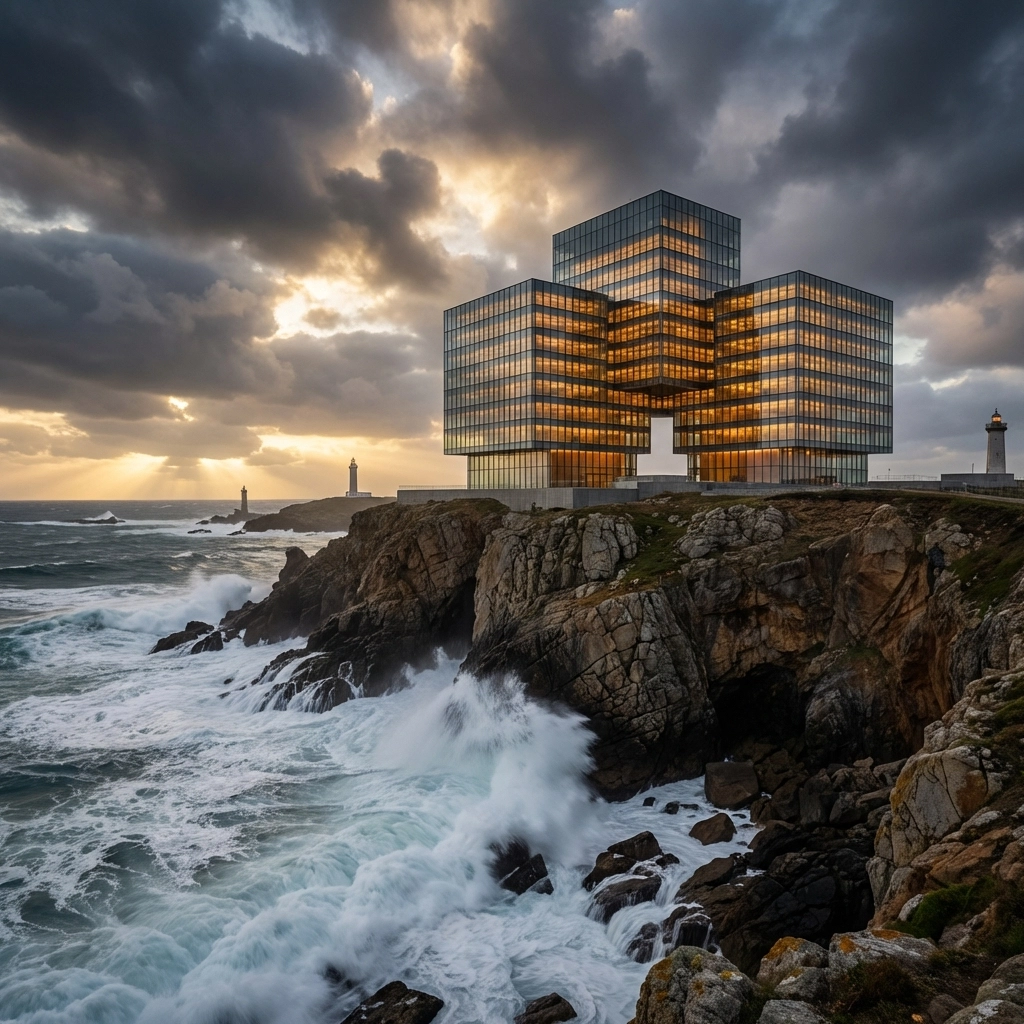 Modern fortress with glowing windows on a cliff during a storm, symbolizing portfolio resilience and long-term stability.