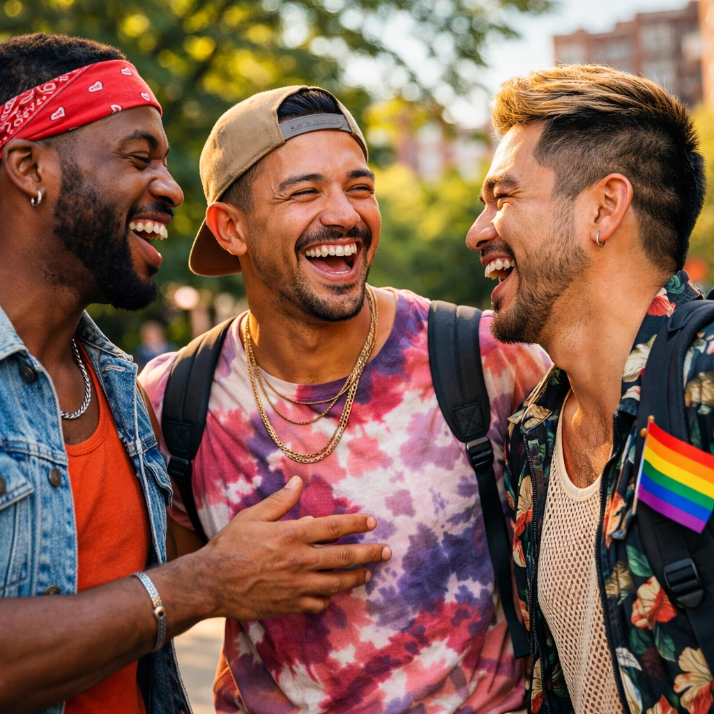A diverse group of men laughing in a park, reflecting authentic representation in modern queer fiction.