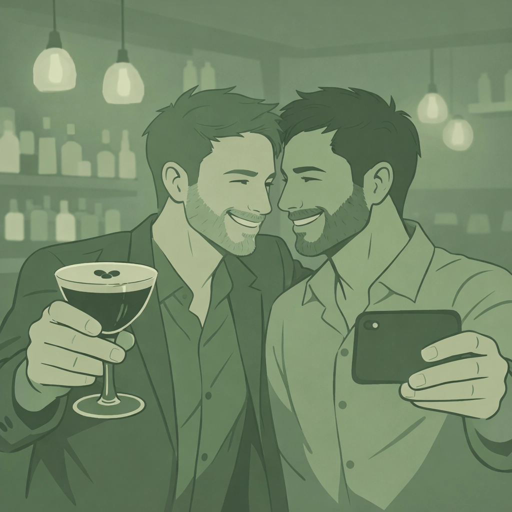 Gay couple sharing espresso martini moment for social media in upscale LGBTQ+ venue