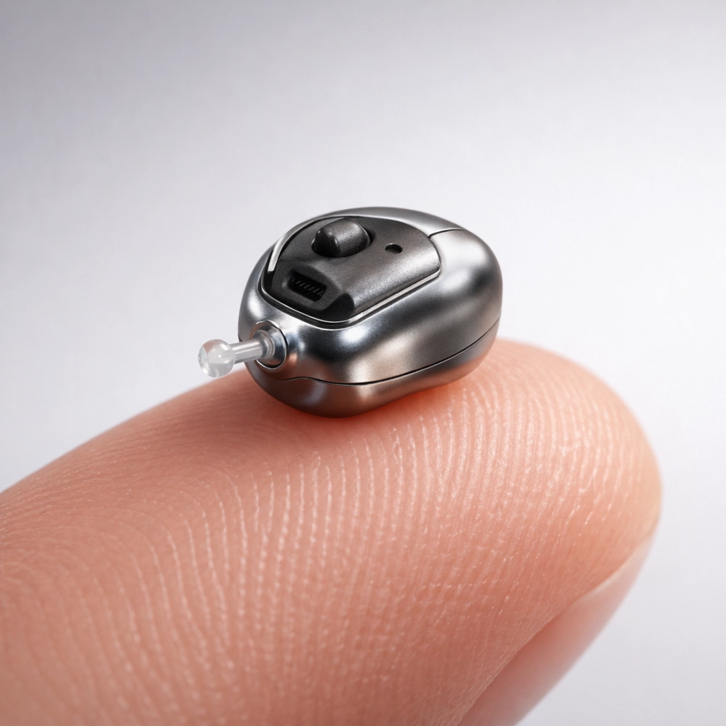 Invisible Tech: A Deep Dive into the Latest IIC and CIC Models Tiny hearing aids perth on a fingertip demonstrating the compact scale of IIC technology.