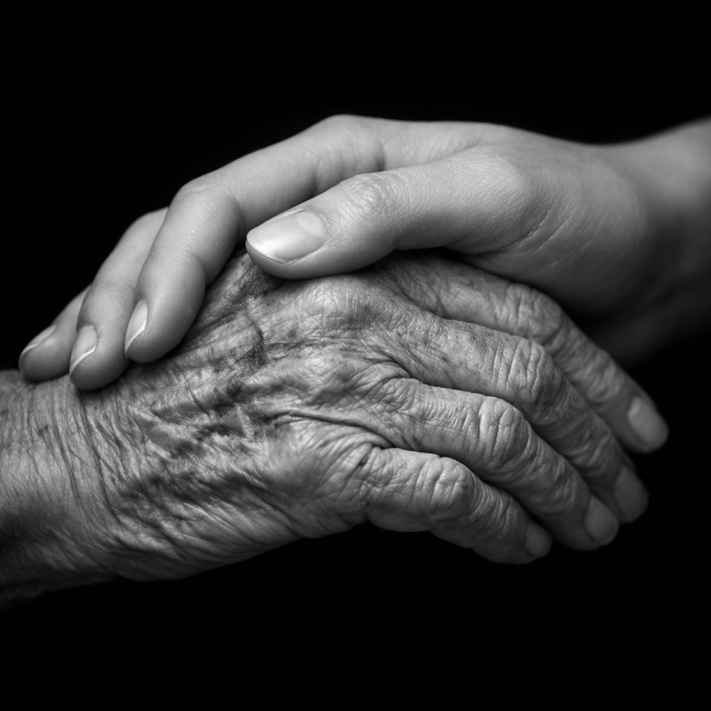 An adult child holding an elderly parent's hand to symbolize security through estate planning.