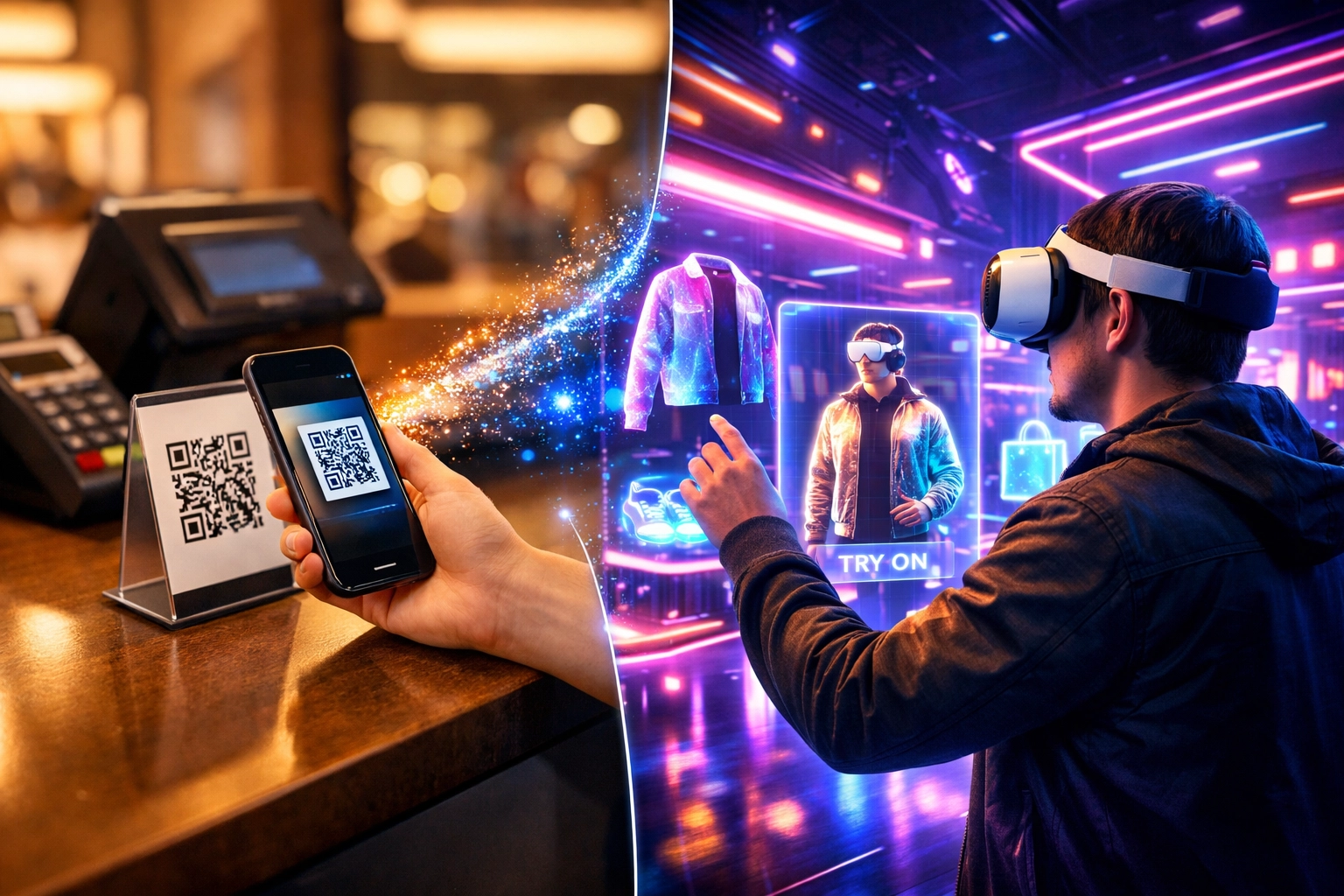 Customer scanning QR code at retail counter connecting to virtual metaverse storefront