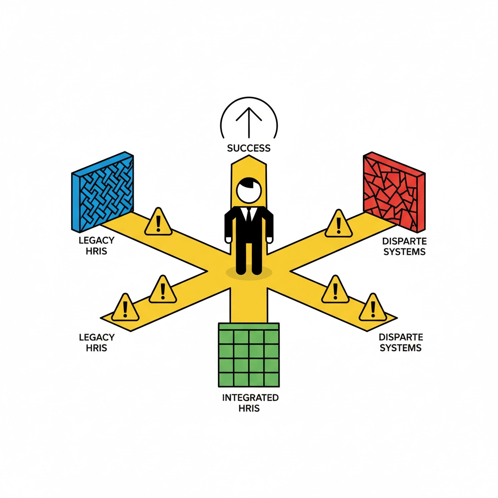 Diagram of a person in a suit at a crossroads labeled "SUCCESS." Paths lead to "Legacy HRIS" (blue), "Disparate Systems" (red), and "Integrated HRIS" (green) with caution signs.