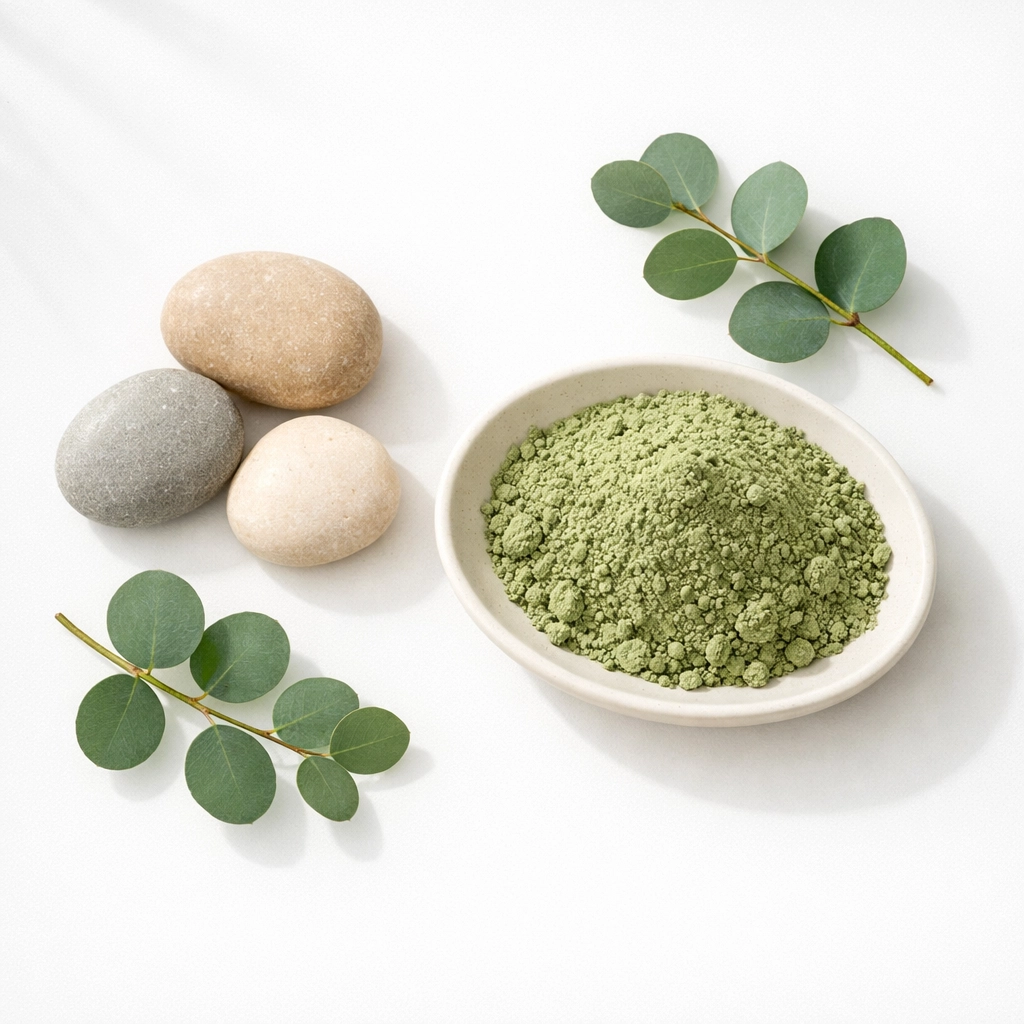 Natural deodorant ingredients including French green clay powder and eucalyptus