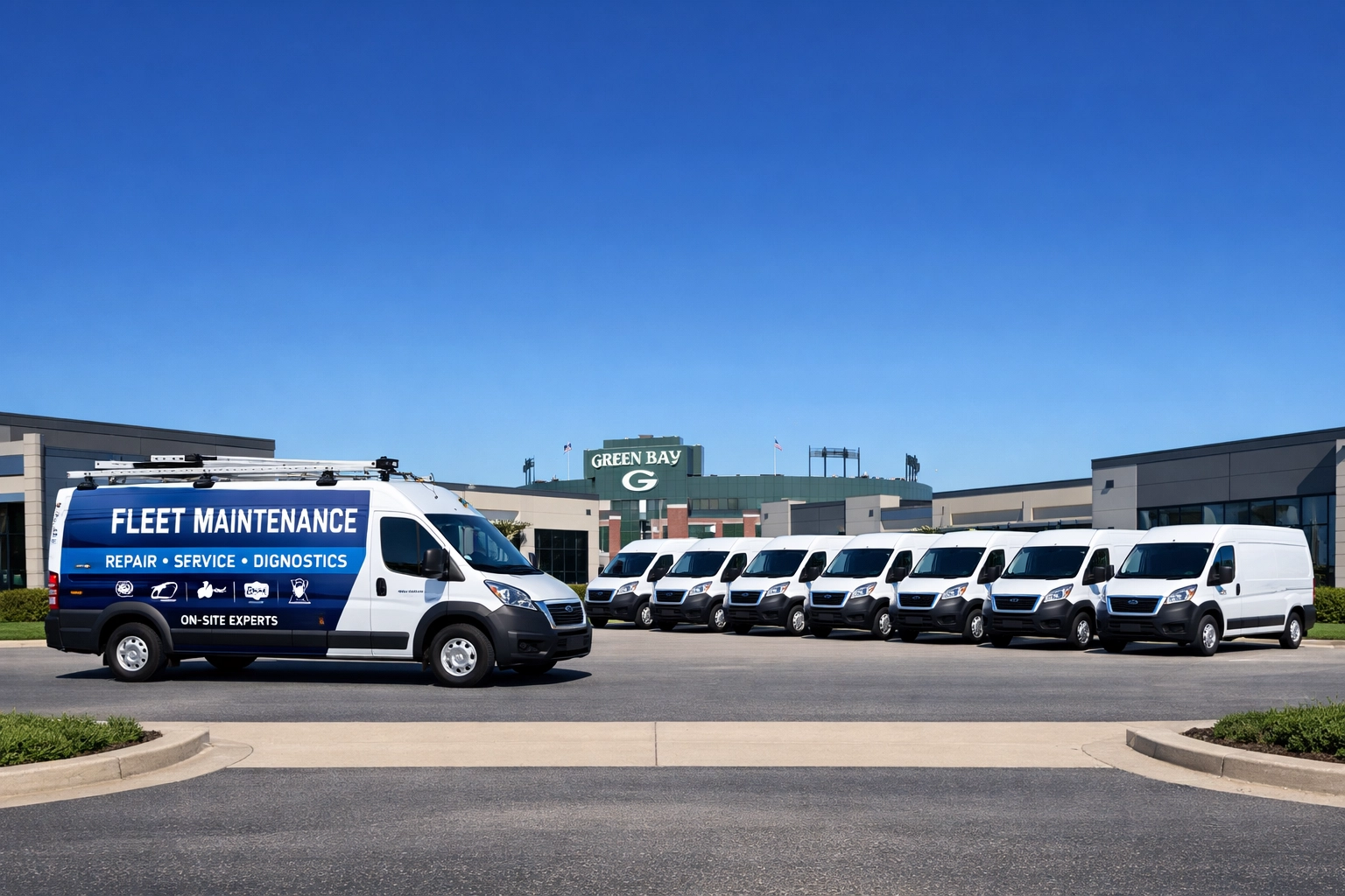 On-site fleet maintenance service for company vehicles at a Green Bay business park.