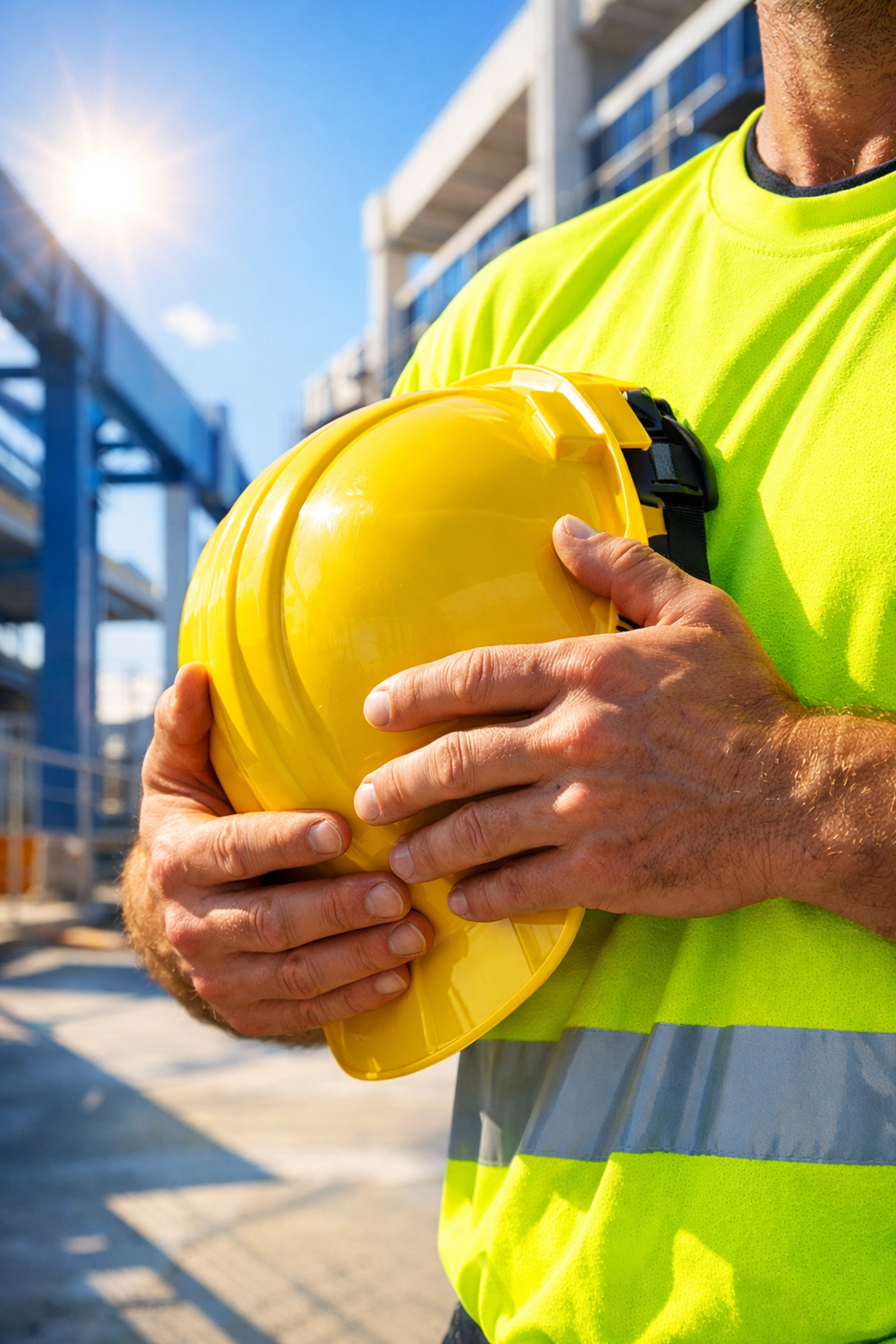 Worker in high-visibility neon yellow custom shirt holding a hard hat at a sunny construction site.