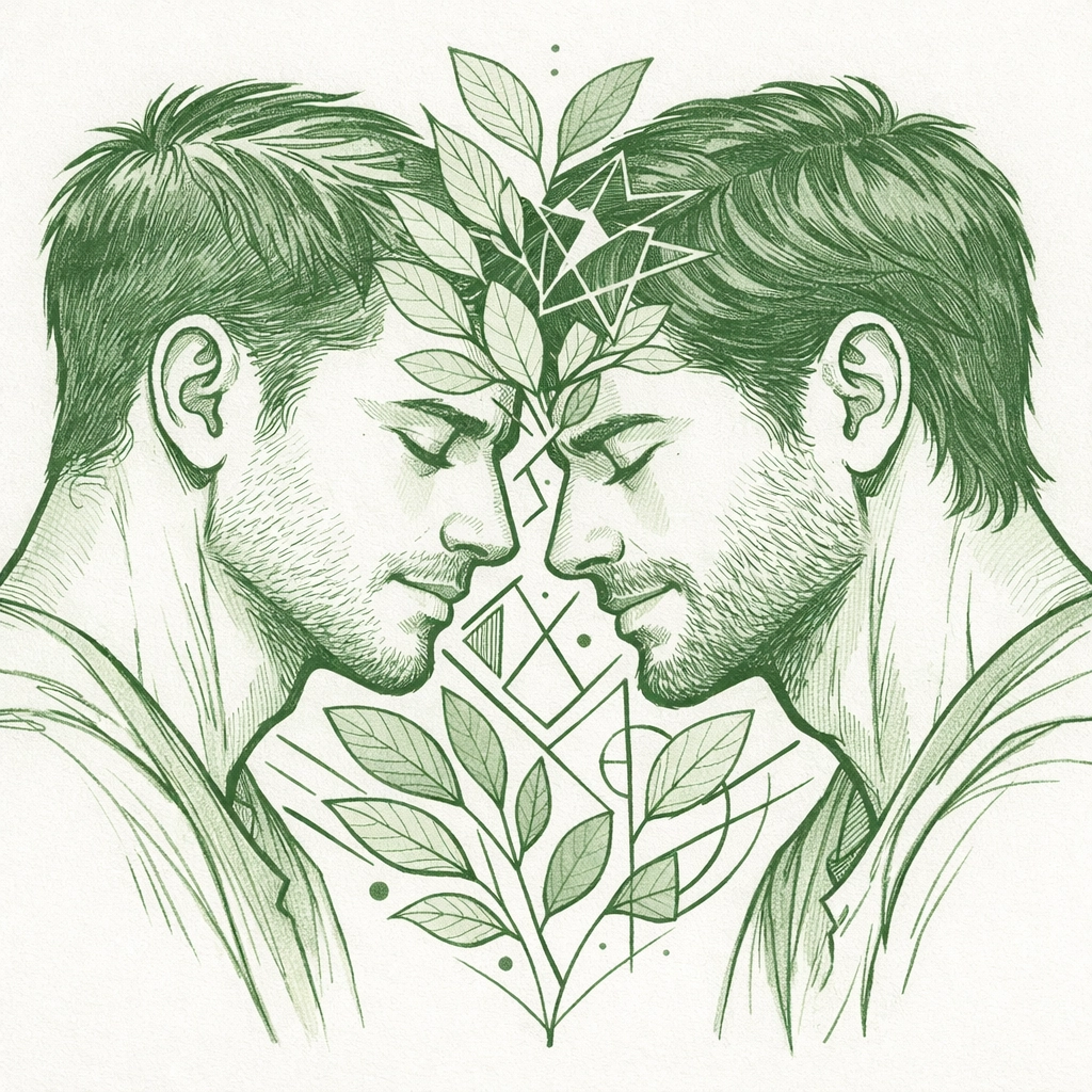 Two men in an intimate pose with mirror shards, symbolizing the psychological journey and healing in an MM romance.