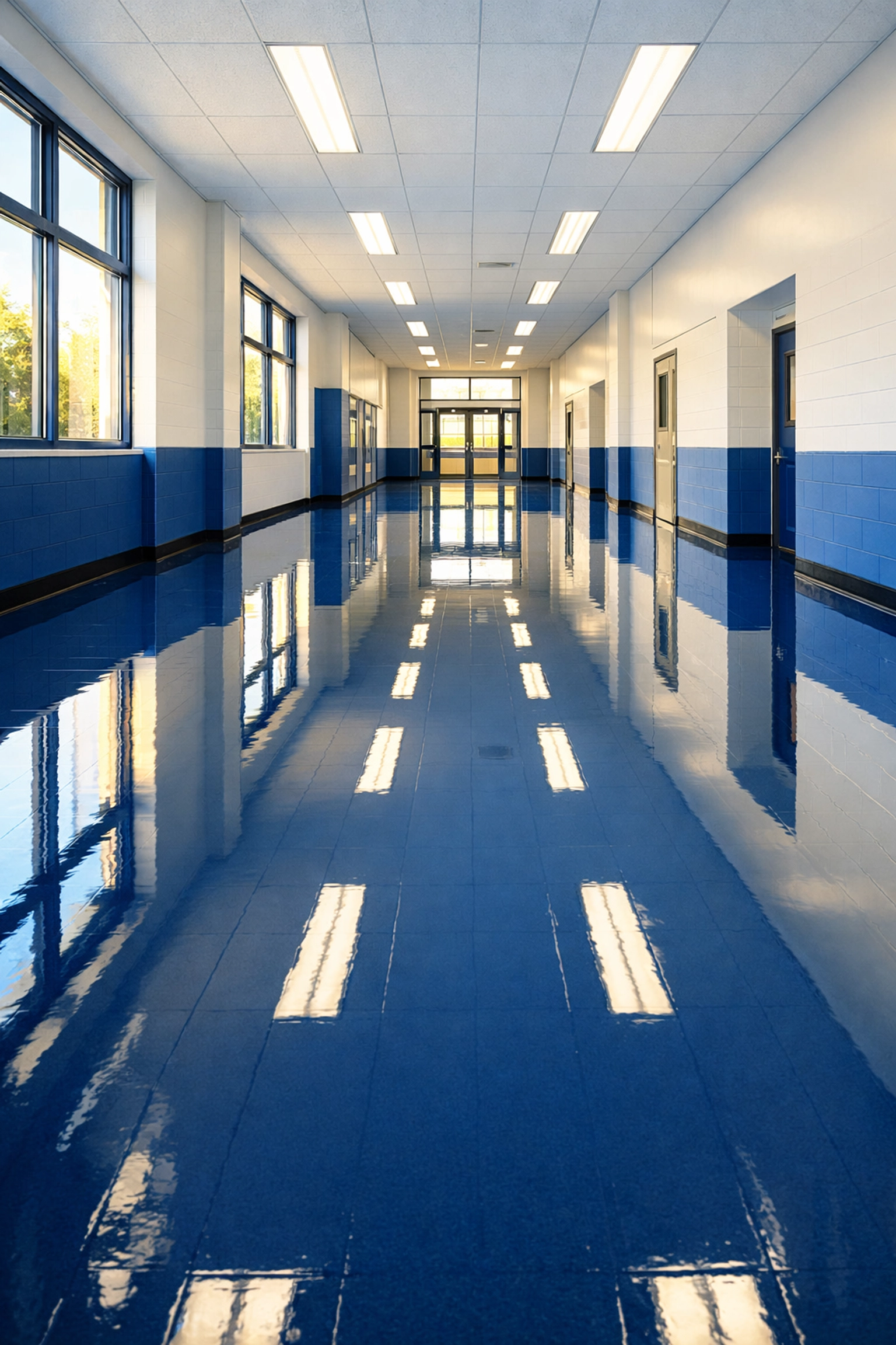 Clean school corridor with reflective high-gloss floors after professional deep cleaning services.