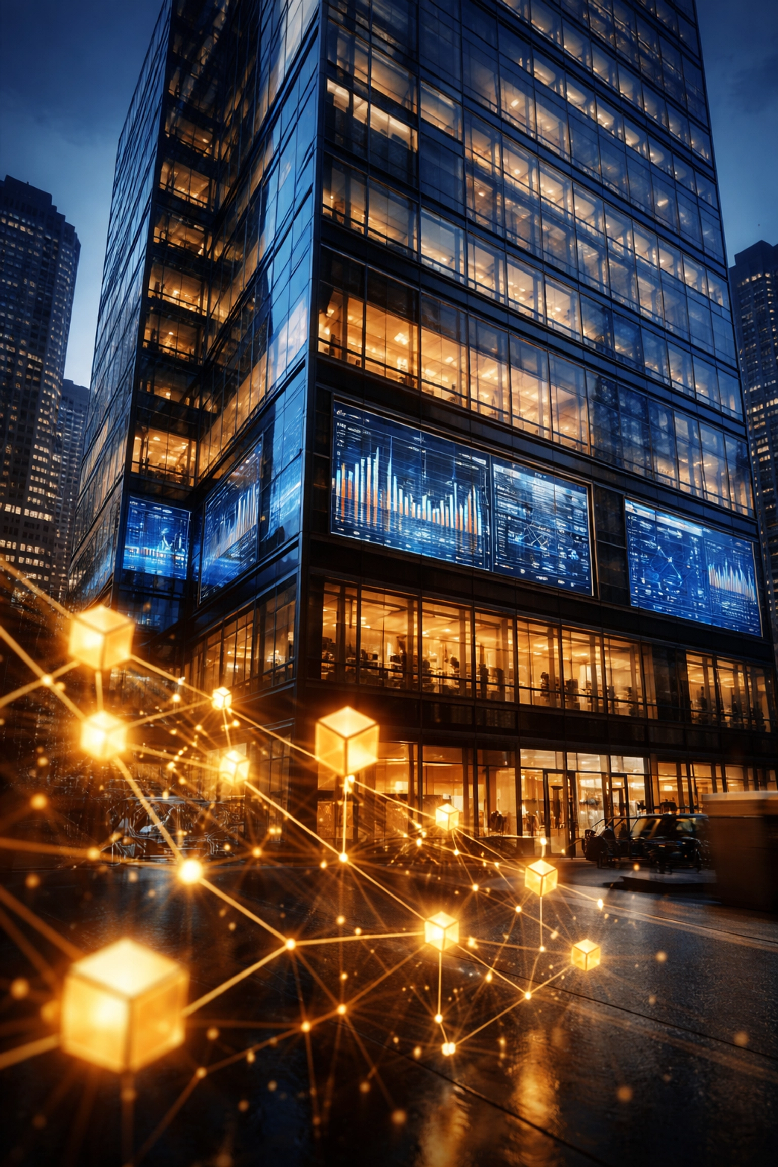 Modern institutional office building with glowing financial charts, representing diverse alternative investment strategies.