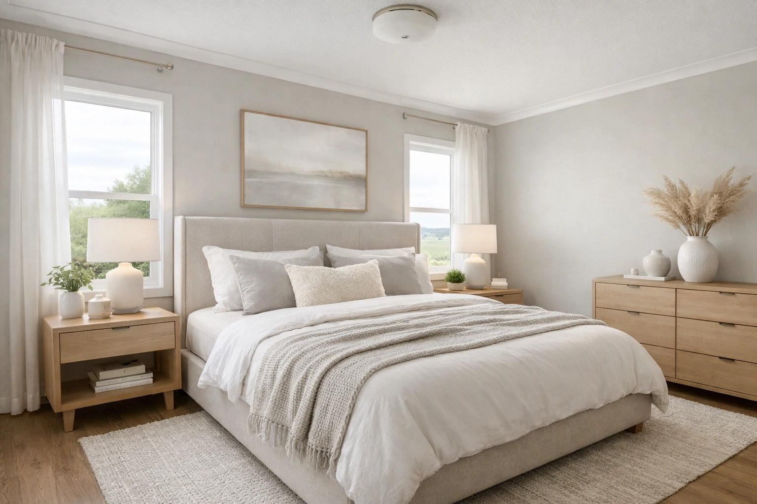 Modern master bedroom in a Piney Woods manufactured home with natural light and neutral decor.