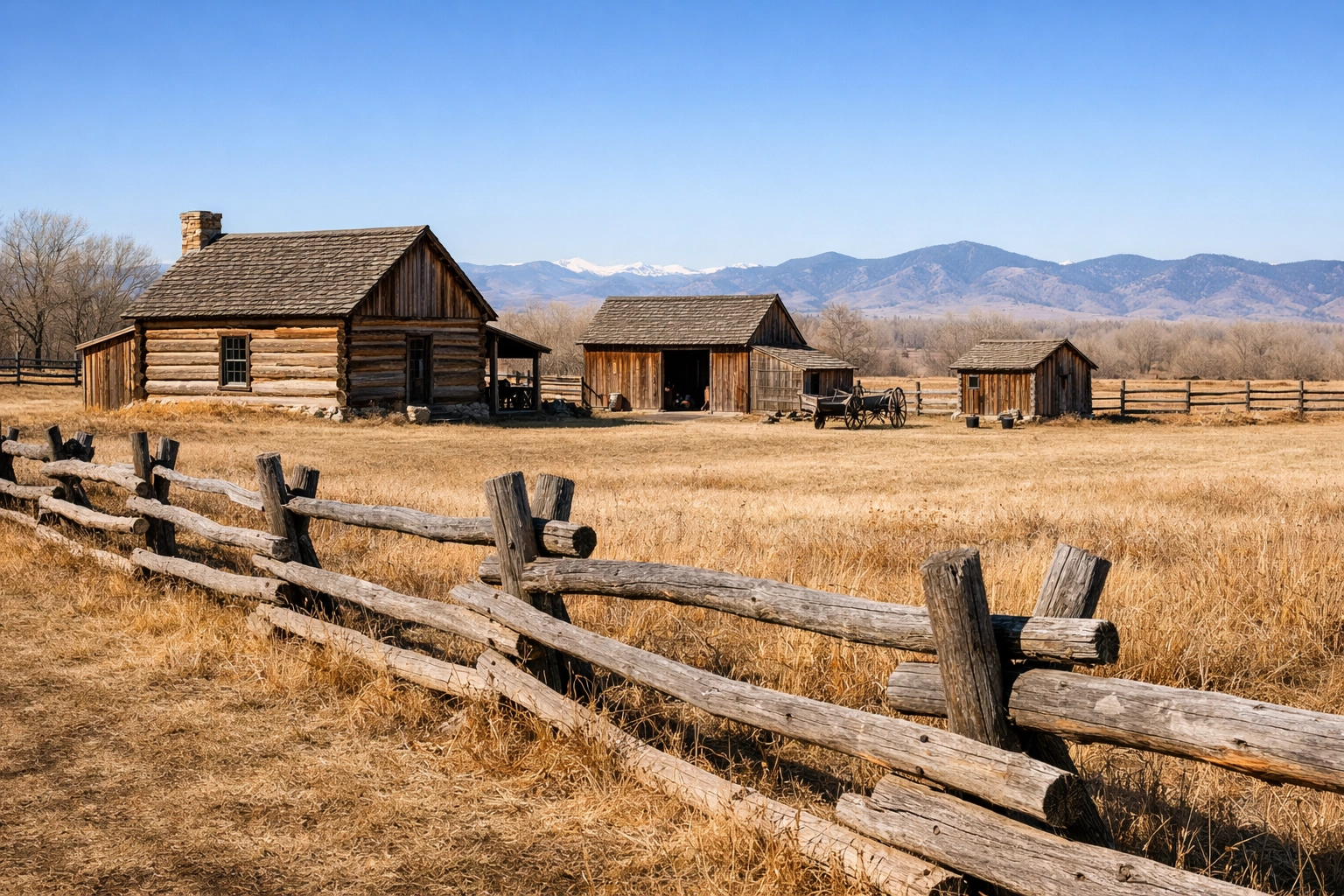 Littleton Museum living history farm featuring a 19th-century homestead and Colorado foothills in late winter.