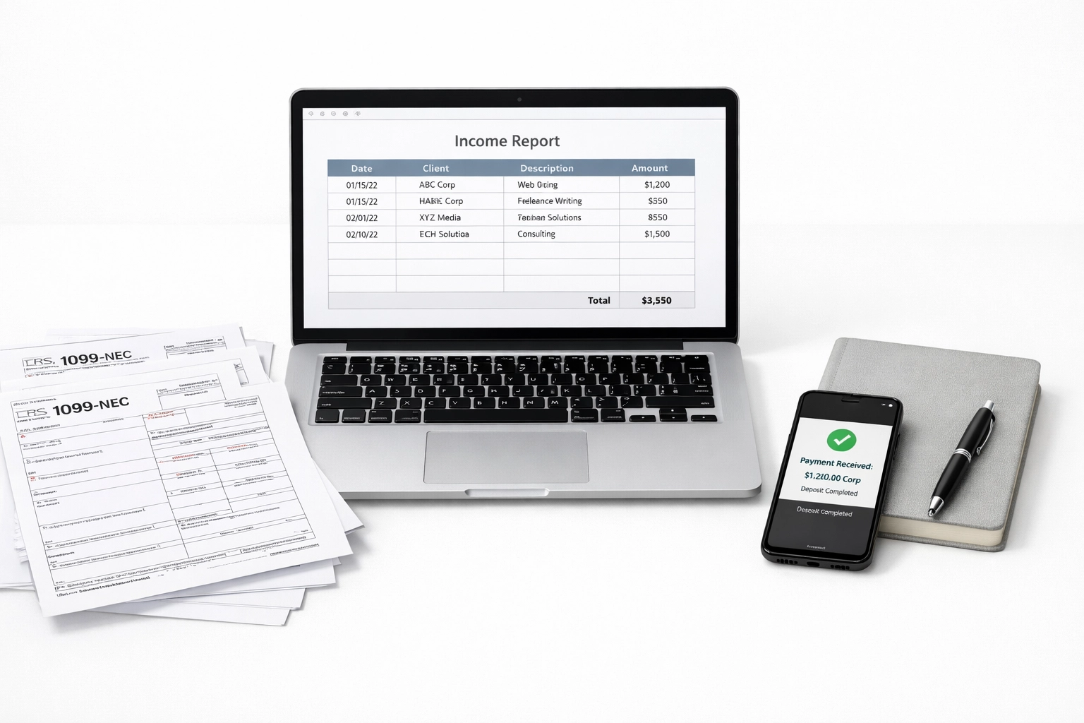 Organized workspace showing 1099 tax forms and income tracking tools for freelancers