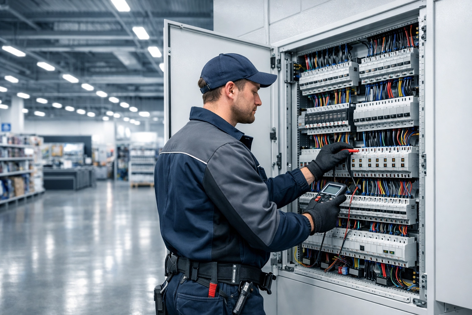 Commercial electrician inspecting a distribution board to ensure high safety standards in a Dorset warehouse.