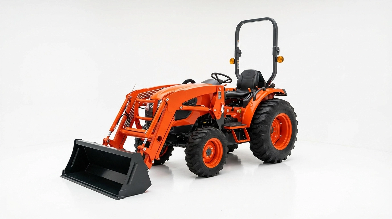 Kioti tractor with enclosed cab and front loader